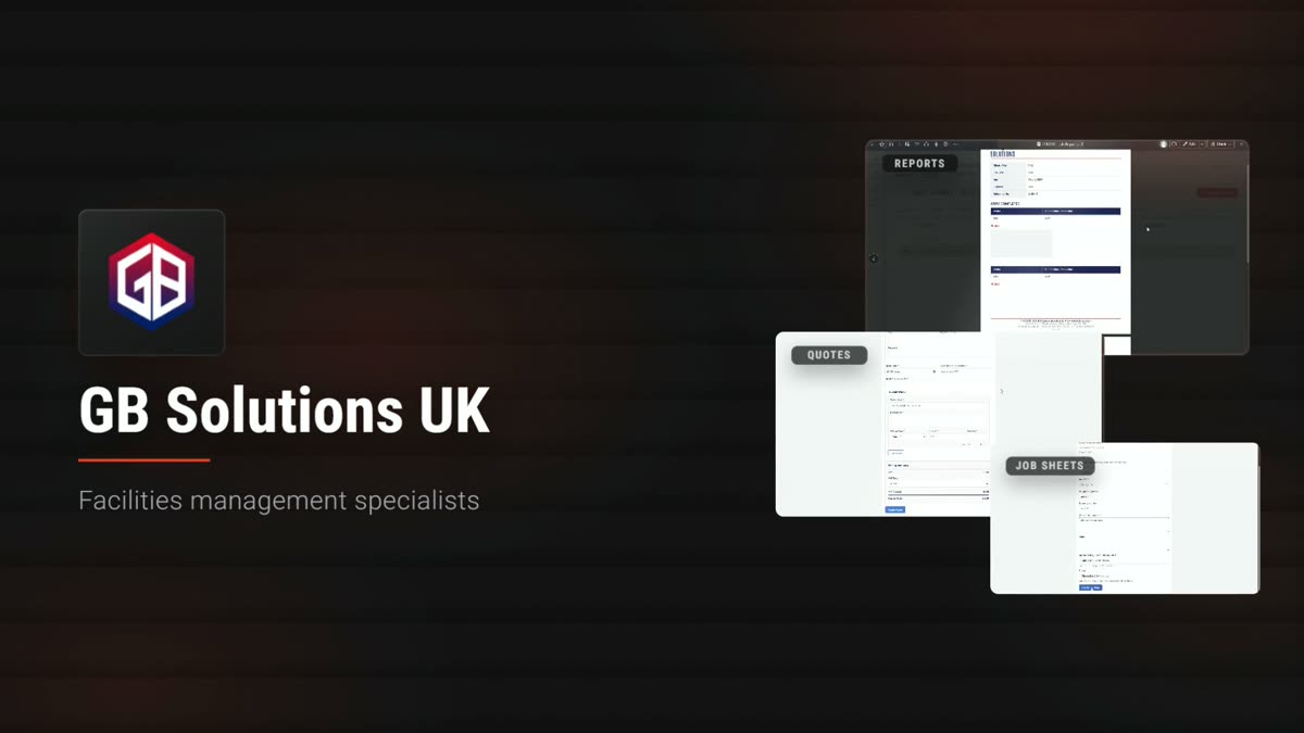 The GB Solutions UK job reports, job sheets and quotes portals shown side by side
